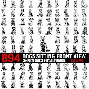 May include: A collection of 894 black and white illustrations of different dog breeds sitting in a front-facing position. The illustrations are arranged in rows and columns, and each dog is depicted in a simple, stylized manner. The text "Dogs Sitting Front View" is displayed at the top of the image, along with the text "Complete Breeds Cuttable Version SVG & PNG".