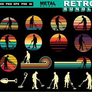 Metal detector svg or treasure hunting metal detecting svg RETRO sunset BUNDLE graphic art and detectorer silhouette - detectorist svg files