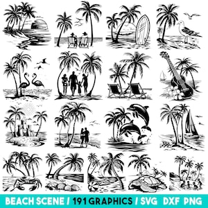 May include: A set of 191 black and white beach scene graphics featuring palm trees, sunsets, ocean waves, and various beach-themed elements. The graphics are perfect for creating digital or physical crafts, such as t-shirts, mugs, stickers, and more.