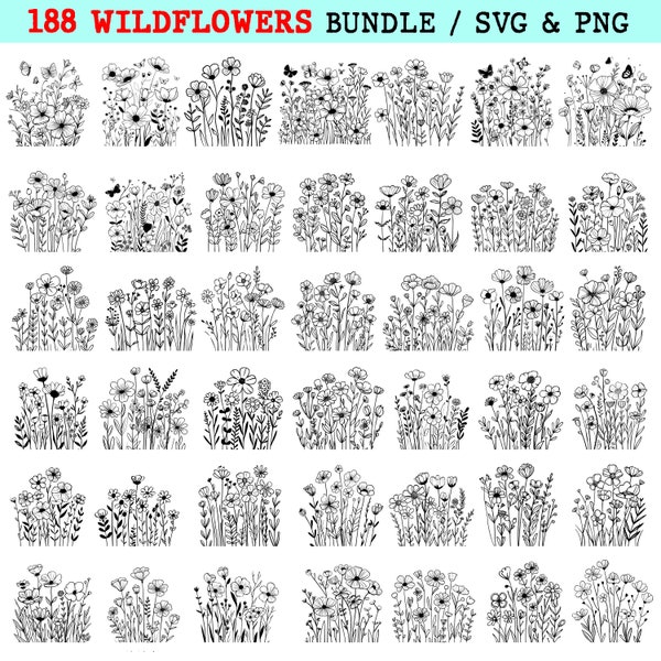 Wildflowers SVG, PNG bundle line art Birth month wild flowers svg files Birthday Flower clipart Botanical instant downloads