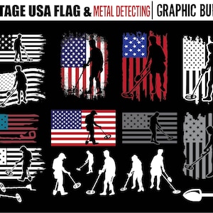 Metal detector svg or treasure hunting metal detecting svg USA flag vintage bundle graphics  - detectorist svg graphic art