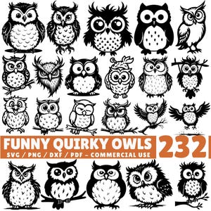May include: A collection of black and white owl illustrations in various poses. Some owls are perched on branches, while others have their wings spread. The text "FUNNY QUIRKY OWLS" is displayed below the illustrations.