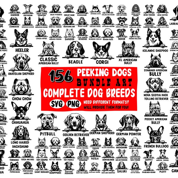 Lindo completo Peeking DOGS raza cara Paquete SVG, PNG descargas digitales instantáneas