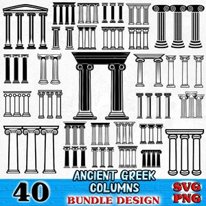Puede incluir: Un conjunto de 40 ilustraciones vectoriales en blanco y negro de columnas griegas antiguas. Las ilustraciones están en una variedad de estilos, incluyendo dórico, jónico y corintio. El texto "Ancient Greek Columns Bundle Design" está en la parte inferior de la imagen.