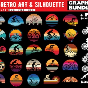 Mountain bike svg files - sunset art bundle graphic theme vintage cycling or MTB svg instant download