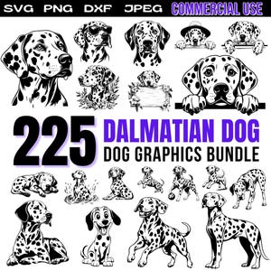May include: A collection of 225 black and white illustrations of Dalmatian dogs in various poses. The illustrations include dogs wearing sunglasses, hats, and some with blank signs. The text "225 Dalmatian Dog Dog Graphics Bundle" is at the bottom of the image.
