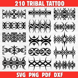 May include: A collection of 12 black tribal tattoo designs in various patterns. The designs are displayed on a white background with the text "210 TRIBAL TATTOO" at the top and "SVG PNG PDF DXF" at the bottom in a red banner.