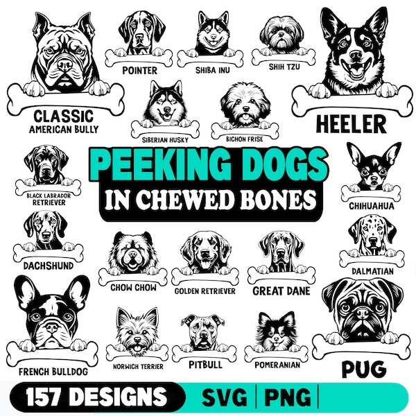 Peeking dogs in chewed bones, complete dog breeds Bundle SVG, PNG instant digital downloads