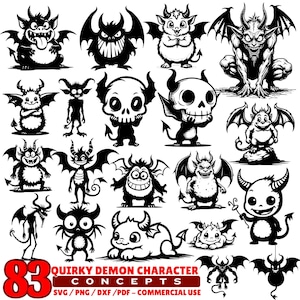 May include: A selection of 83 quirky demon character concepts in black and white. The illustrations depict various cartoon demons with horns, wings, and mischievous expressions. Text reads "QUIRKY DEMON CHARACTER CONCEPTS" and "SVG/PNG/DXF/PDF - COMMERCIAL USE."