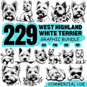Puede incluir: Un paquete gráfico con 229 ilustraciones de West Highland White Terrier en blanco y negro. La imagen incluye el texto "West Highland White Terrier Graphic Bundle" e iconos de tipo de archivo. También están presentes las palabras "Commercial Use".