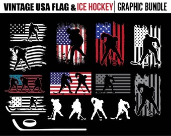 アイスホッケーのSVGファイル、アメリカ国旗のビンテージグラフィックバンドル - ホッケースポーツのSVG
