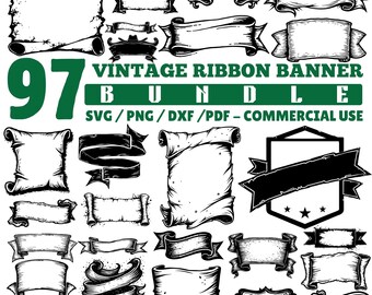 Lasergraverade filer Vintage Ribbon Banner Svg Png Pdf & Dxf Bundle etsad bannerkonst direktnedladdningar