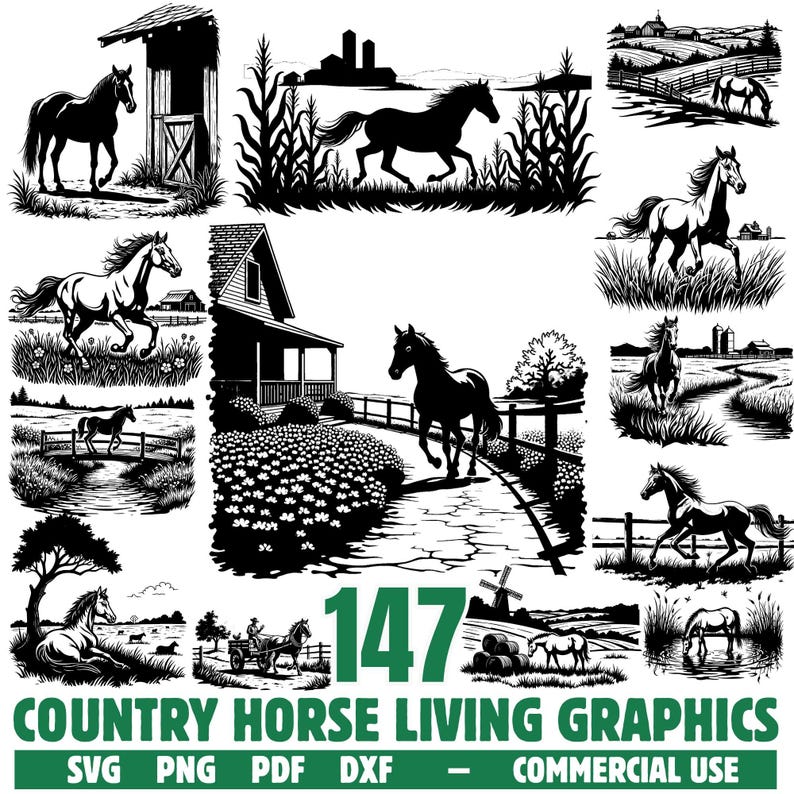 Country Setting Graphics Country Horse Living SVG Bundle, Farm Horse Graphics, Western Horse ...