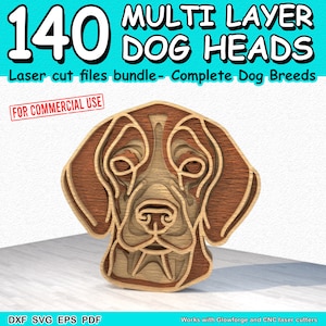 140 Hundeköpfe Multi Layer Laserschnitt Dxf, SVG, Eps und Pdf Bundle - Schnittdatei mit Ebenen 3D Kunst für Hunderassen Sofort-Downloads
