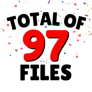 Puede incluir: Un fondo blanco con confeti rojo y azul. El texto "TOTAL OF 97 FILES" est&aacute; en negro con un n&uacute;mero 97 rojo.
