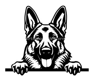 May include: Black and white illustration of a German Shepherd dog peeking over a surface with its paws on the edge. The dog has a friendly expression and its tongue is sticking out.