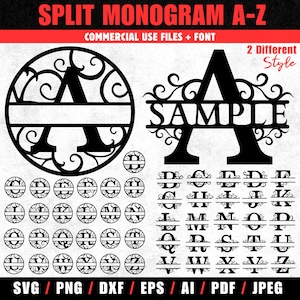 Puede incluir: Diseños de alfabeto de monograma dividido en negro en dos estilos. Los diseños incluyen las letras de la A a la Z, con una letra de muestra A. Los diseños están en una variedad de formatos, incluyendo SVG, PNG, DXF, EPS, AI, PDF y JPEG. El texto "Split Monogram A-Z" está en la parte superior.