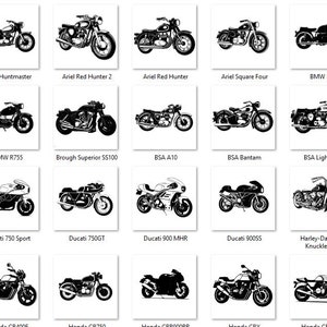 May include: A collection of 36 black and white silhouette illustrations of vintage motorcycles. The motorcycles are arranged in a grid pattern. Each motorcycle is labeled with its make and model.
