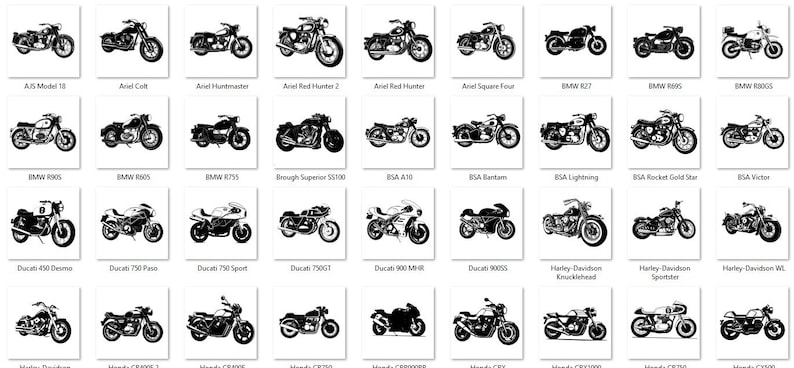 May include: A collection of 36 black and white silhouette illustrations of vintage motorcycles. The motorcycles are arranged in a grid pattern. Each motorcycle is labeled with its make and model.