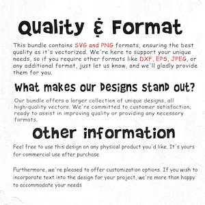 May include: Text explaining the quality and format of a design bundle. It includes SVG and PNG formats, and offers additional formats like DXF, EPS, and JPEG. The text also highlights the bundle's large collection of unique designs and commitment to customer satisfaction.