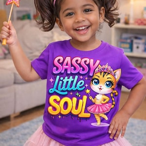 May include: A young girl smiles, wearing a purple t-shirt with the words "SASSY Little SOUL" and a cartoon cat. She wears a pink tutu and a pink tiara. She holds a star-shaped wand. The image is bright and colorful.