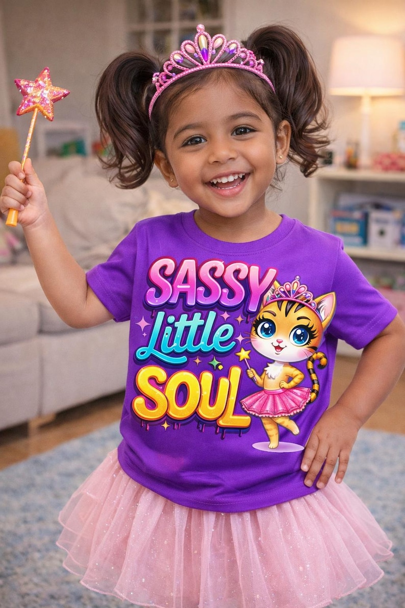 May include: A young girl smiles, wearing a purple t-shirt with the words "SASSY Little SOUL" and a cartoon cat. She wears a pink tutu and a pink tiara. She holds a star-shaped wand. The image is bright and colorful.