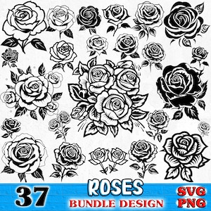 Puede incluir: Una colección de 37 ilustraciones de rosas en blanco y negro en varios estilos. La imagen incluye el texto "ROSES BUNDLE DESIGN" y "SVG PNG".