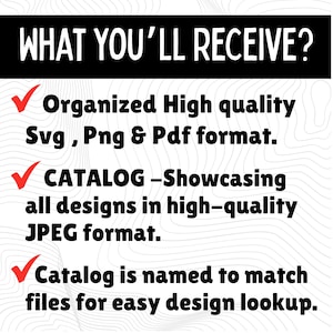 K&ouml;nnte beinhalten: Schwarz-wei&szlig;e Grafik mit dem Text "WHAT YOU'LL RECEIVE?" und Aufz&auml;hlungspunkten, die organisierte SVG-, PNG- und PDF-Formate, einen Katalog mit Designs im JPEG-Format und eine einfache Designsuche detaillieren.