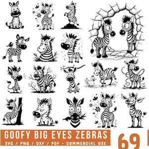 Puede incluir: Una colección de cebras de dibujos animados en blanco y negro con rasgos y expresiones exageradas. Las cebras están en varias poses, algunas con accesorios como flores y pájaros. El texto en la parte inferior dice "GOOFY BIG EYES ZEBRAS" y "COMMERCIAL USE".