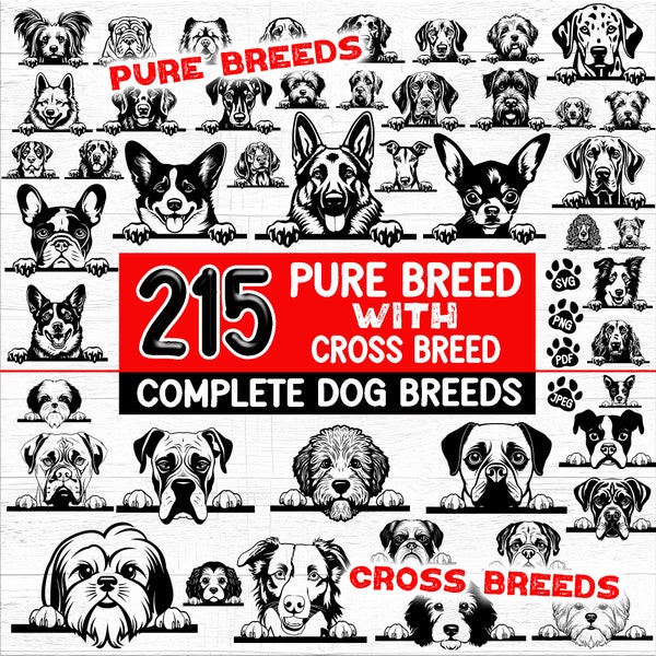 Bundle design Peeking Dogs Complete breed plus Cross breed BUNDLE SVG, PNG instant digital downloads