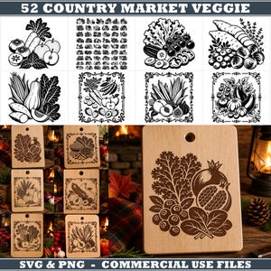 Może przedstawiać: Kolekcja 52 czarno-białych ilustracji warzyw i owoców z napisem 52 COUNTRY MARKET VEGGIE, przedstawiająca różne układy produktów oraz grawerowane wzory na prostokątnych drewnianych deskach do krojenia z okrągłymi otworami do zawieszania.