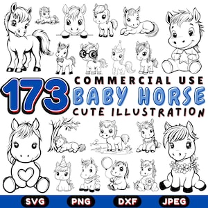 May include: A set of 173 black and white illustrations of cute baby horses in various poses. The illustrations are perfect for commercial use and include a variety of designs, such as horses with flowers, hats, and balloons.