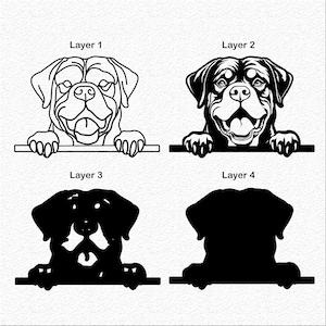 May include: Four layered black and white silhouette images of a Rottweiler dog peeking over a surface. The dog is smiling with its tongue out. The images are labeled "Layer 1", "Layer 2", "Layer 3", and "Layer 4".