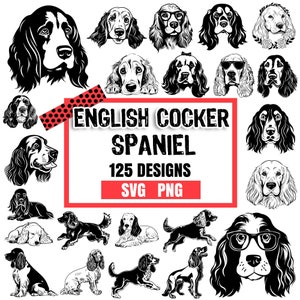 May include: A collection of 125 black and white illustrations of English Cocker Spaniels in various poses. The illustrations are in a cartoon style and feature the text "English Cocker Spaniel 125 Designs SVG PNG".