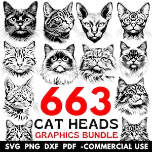 Tête de race de chat SVG Bundle | Fichiers DXF pour Cricut | Silhouettes complètes de chat | Collection de cliparts félins | Fichiers découpés pour créations artisanales | Utilisation commerciale