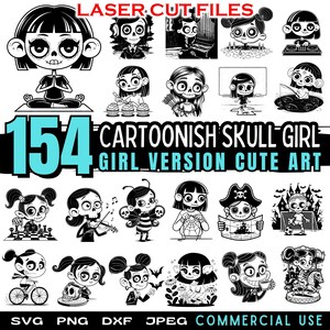Schädel-Mädchen-Laser-Schnitt-Dateien | Niedliches Schädel-Mädchen-vektor-Bundle | Cartoon Totenkopf Mädchen DXF Designs | Kawaii Skull Girl Laser Patterns