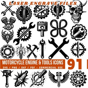 Lasergraveerbestanden motorfiets motor & gereedschap pictogrammen Svg Png Pdf Dxf bundel, gedetailleerde monteur graveer kunstontwerpen voor leisteen, hout