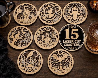 May include: A collection of circular wooden coasters featuring intricate laser-cut Halloween silhouettes including a grim reaper, witch, jack-o'-lanterns, cat, zombie, raven, skull, and bat. One circular sign displays the text 15 LASER CUT COASTERS.