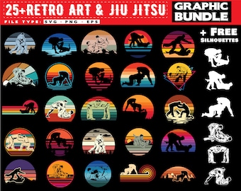 Peut inclure: Un ensemble de plus de 25 designs graphiques rétro sur le thème du jiu-jitsu, disponibles aux formats SVG, PNG et EPS. Les designs présentent différentes poses et silhouettes de jiu-jitsu dans un style vintage avec des arrière-plans colorés. L'ensemble comprend également des silhouettes gratuites.