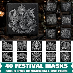 May include: A collection of 40 digital files featuring intricate black and white illustrations of festival masks, including masquerade designs, mythical creatures, unicorns, dragons, and figures wearing ornate hats, presented as SVG and PNG files.