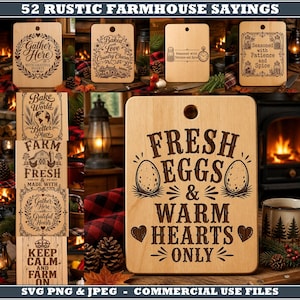May include: A collection of 52 rectangular wooden cutting boards featuring laser-engraved rustic farmhouse sayings and illustrations. Each board includes a circular hole at the top for hanging. The designs include text like Fresh Eggs & Warm Hearts Only, Gather Here, and Bake the World a Better Place, displayed in various decorative fonts.
