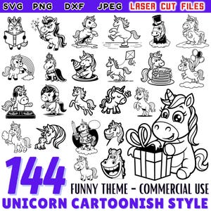 Eenhoorn cartoon DXF-bundel | Leuke lasergesneden eenhoornontwerpen | Kawaii eenhoorn-gravurebestanden | Commercieel gebruik