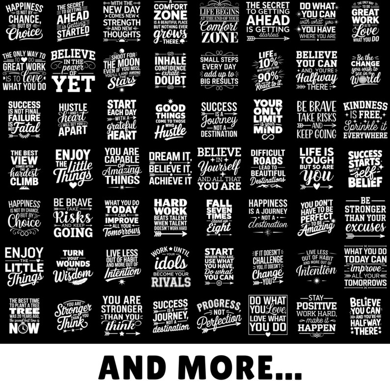 May include: Black and white motivational quotes on a dark background. The quotes are about success, happiness, and life. Some of the quotes include: "The secret to getting ahead is getting started", "Believe in yourself and all that you are", "Happiness is a journey, not a destination", "Be brave, take risks and keep going", "Start where you are, use what you have, do what you can", "Do what you love, love what you do", "You are stronger than you think", "Success is not a journey, not a destination", "Progress is not perfection", "Believe you can and you're halfway there".