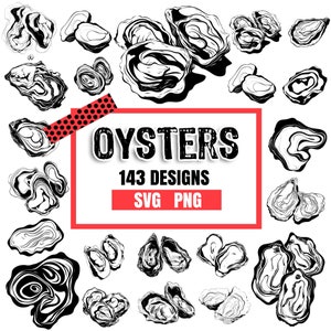 May include: A collection of 143 black and white oyster illustrations. The illustrations are in various shapes and sizes, and some are open while others are closed. The text "OYSTERS 143 DESIGNS SVG PNG" is displayed in a red box.