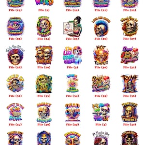 May include: A collection of colorful skull designs with various phrases, including "Stay Weird," "Hot Temper," and "Deadly Creative." Each design is unique, featuring vibrant colors and artistic styles.