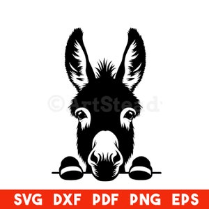 May include: Black and white silhouette of a donkey's head peeking over a surface. The donkey has large ears and a friendly expression.