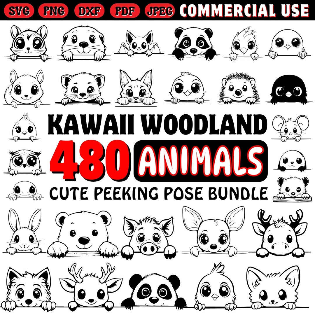 Kawaii Woodland Animals Cute Peeking Pose Svg Dxf Png Pdf Jpeg Bundle ...