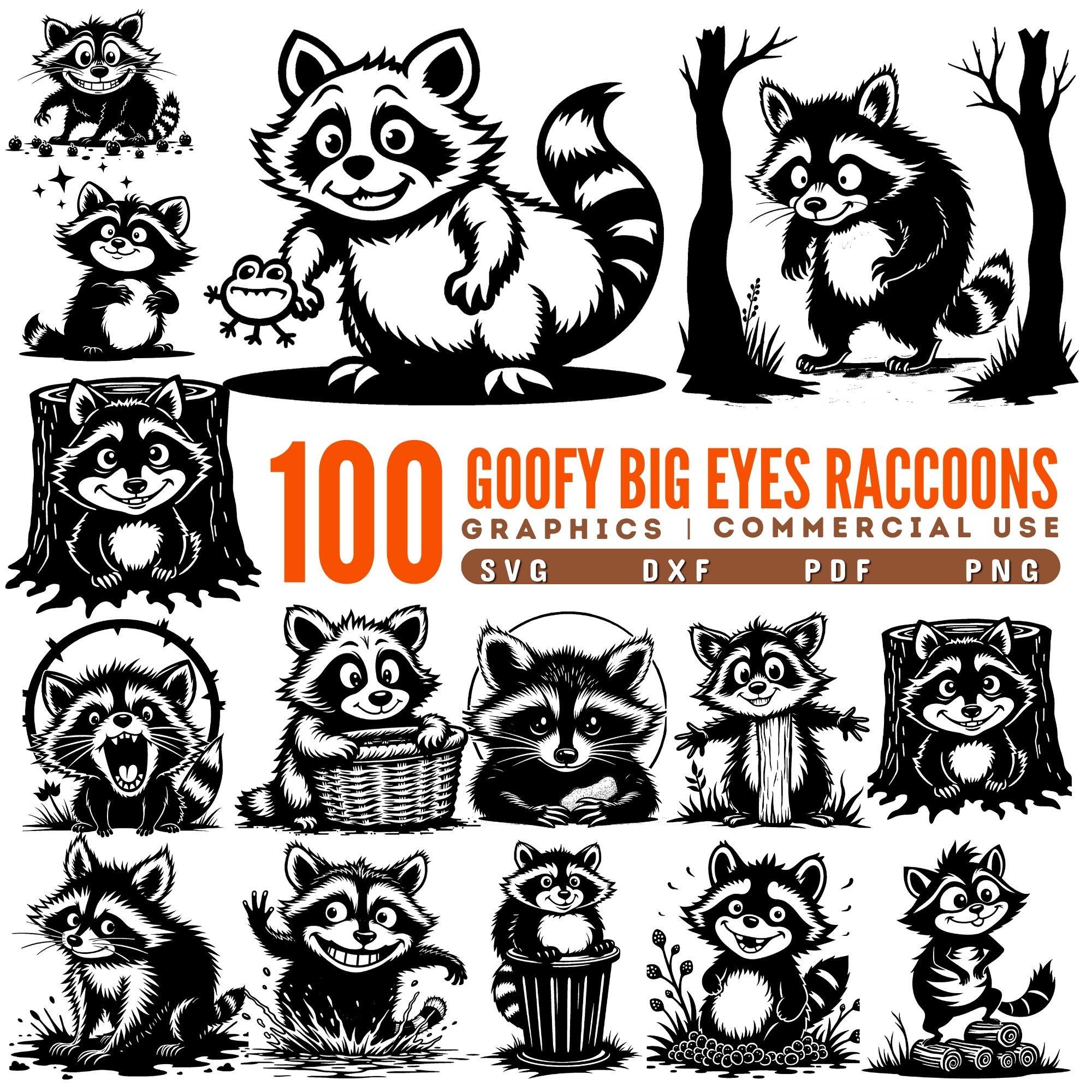 Goofy Big Eyes Raccoons Svg Png Pdf & Dxf Bundle Funny Raccoon Face ...
