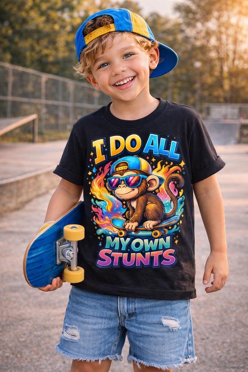 May include: A young child wearing a black t-shirt with the text "I DO ALL MY OWN STUNTS" and a graphic of a monkey on a skateboard. The child is also wearing a blue and yellow baseball cap and holding a blue skateboard.