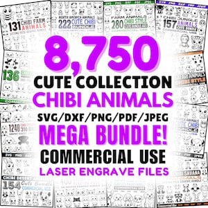 Pode incluir: Um conjunto de pacotes de arte digital com animais chibi fofos. A imagem exibe o texto "8,750 Cute Collection Chibi Animals Mega Bundle!" com vários formatos de arquivo e informações de uso comercial.
